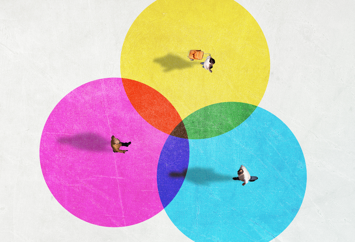 collage of People from above inside colorful circles with social distancing.