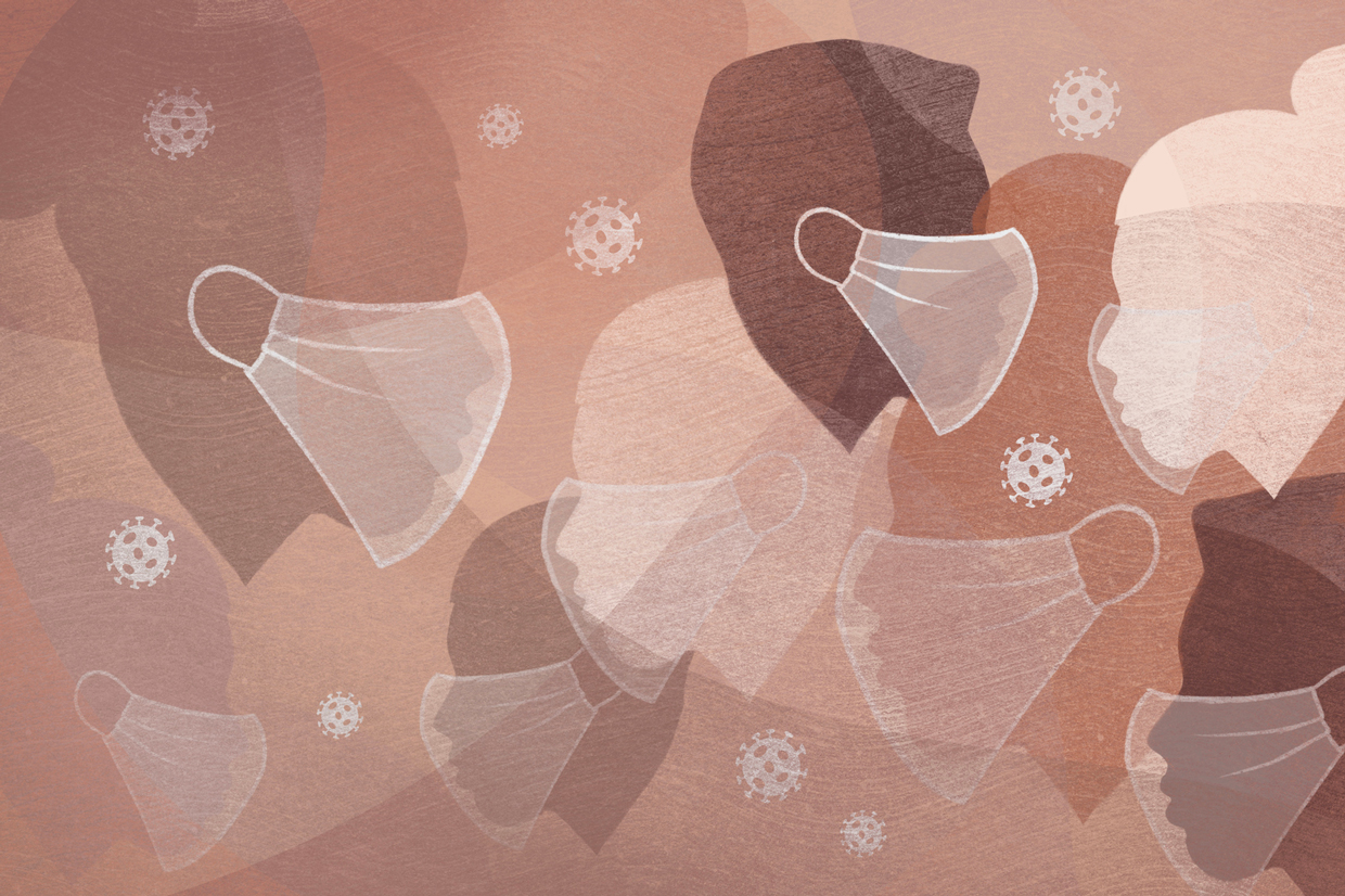 illustration of Anonymous people in face masks with virus molecules