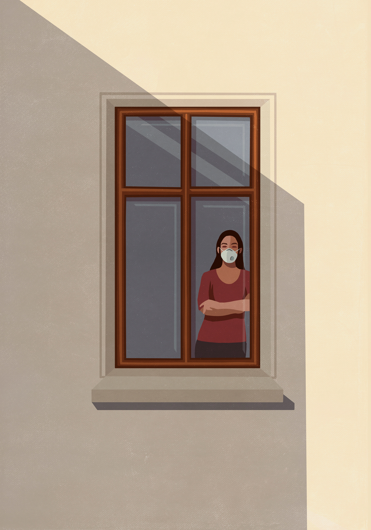 illustration of woman wearking mask looking out the window