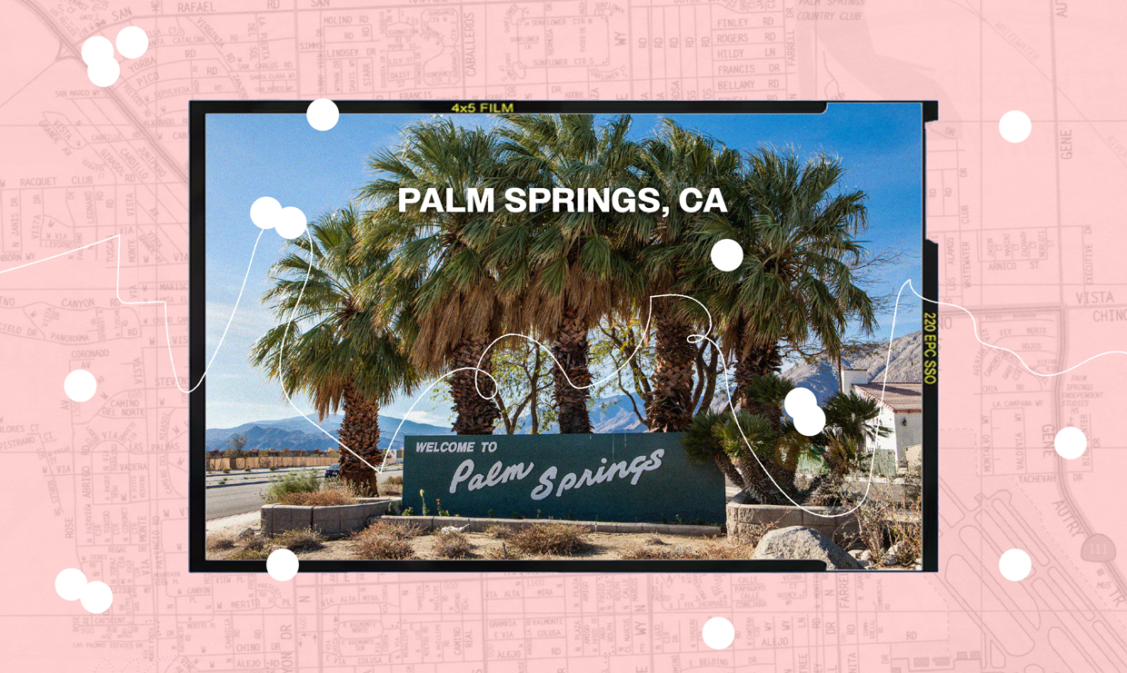 collage of Palm Springs landscape over map background
