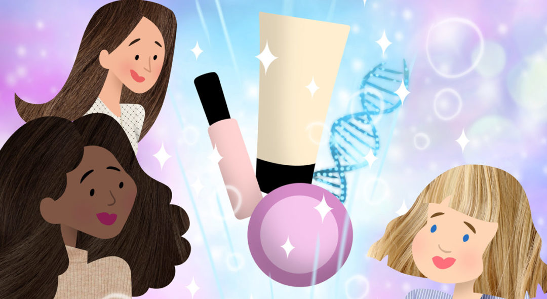 illustration of woman and beauty products in blue and purple background