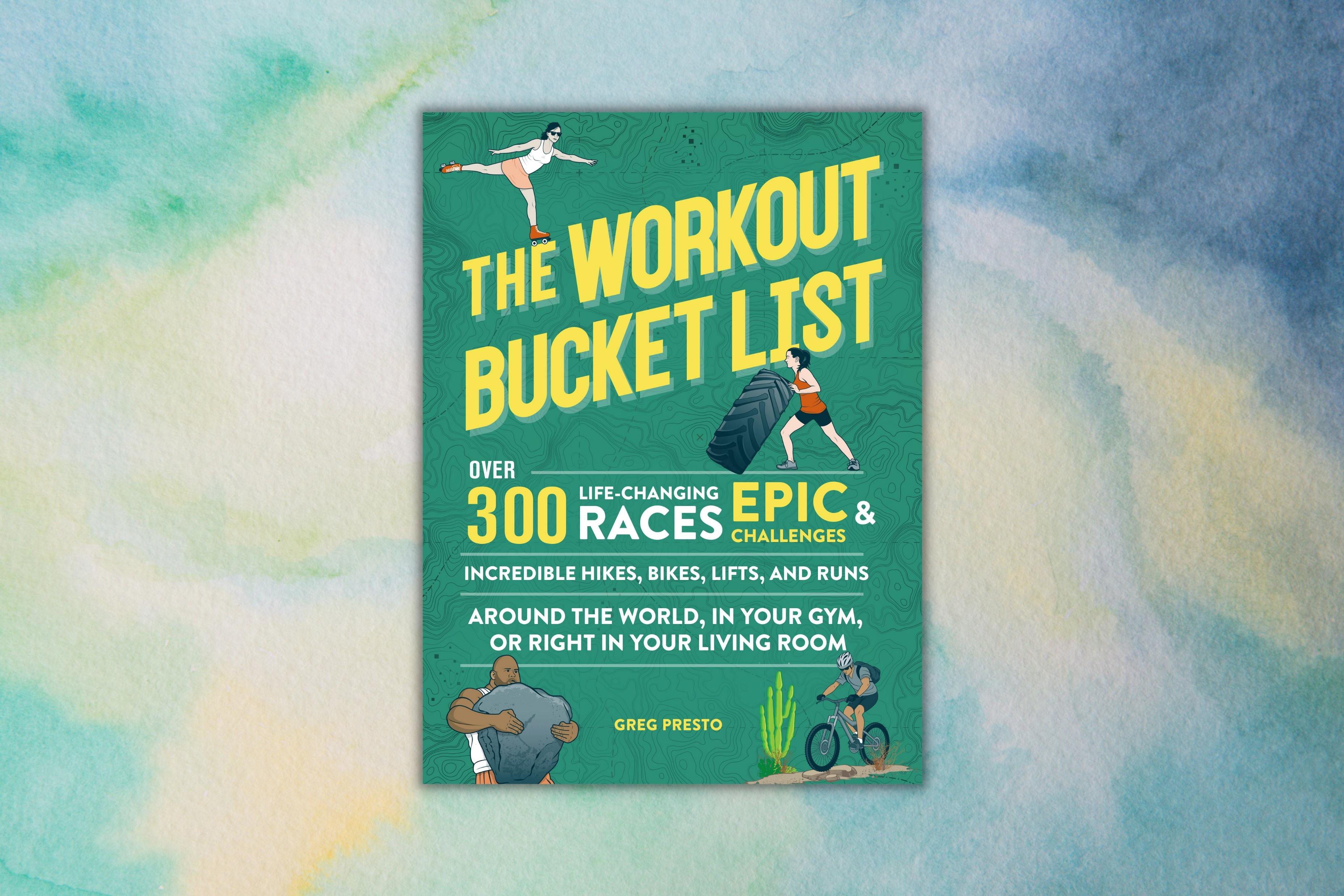 Collage of The Workout Bucket List book cover on top of blue watercolor background