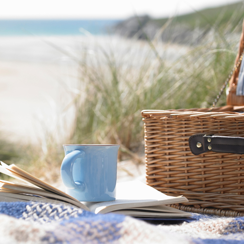 Cup and book with picnic basket at beach