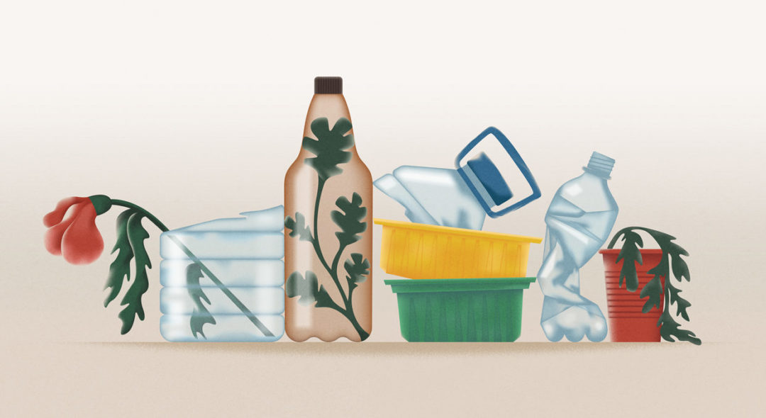 Illustration of empty disposable plastic rubbish and dead plants