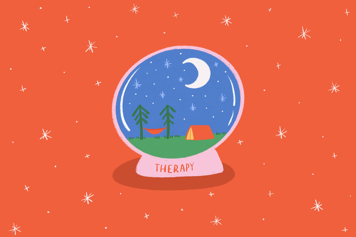 Waterglobe Illustration With Camping Night Outdoors Scene On Red Background