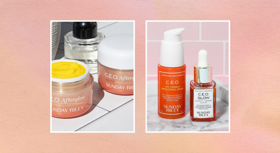 still life of Sunday Riley Vitamin C skincare products on pink background