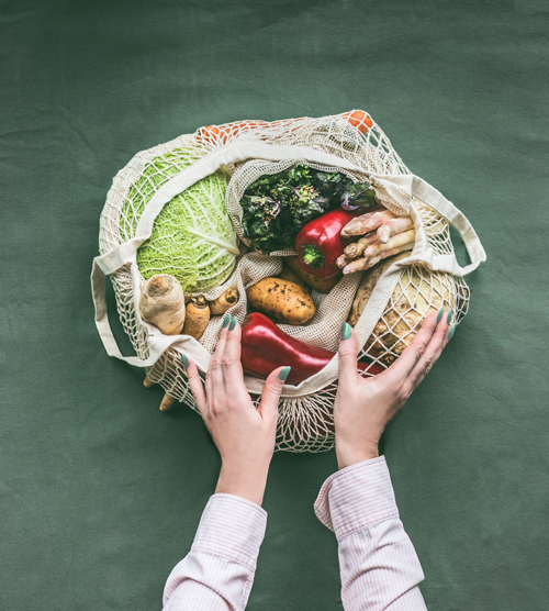 hands holding eco friendly mesh shopping bag with vegetables