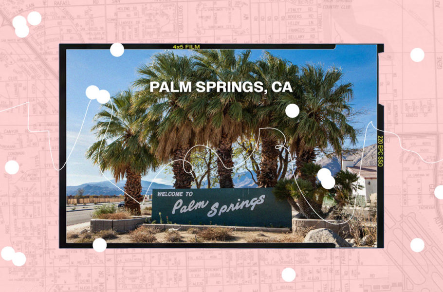 collage of Palm Springs landscape over map background