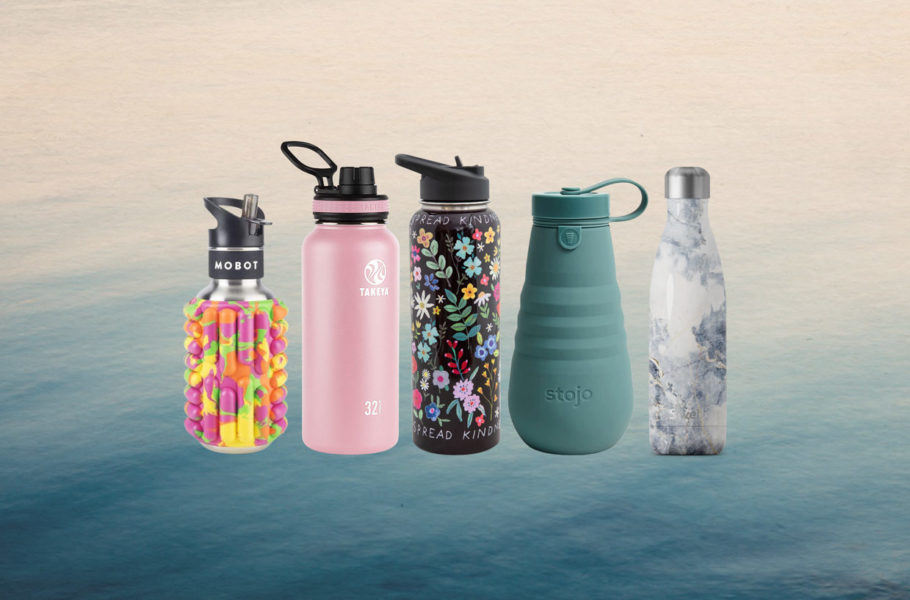 collage of water bottles on blue water background