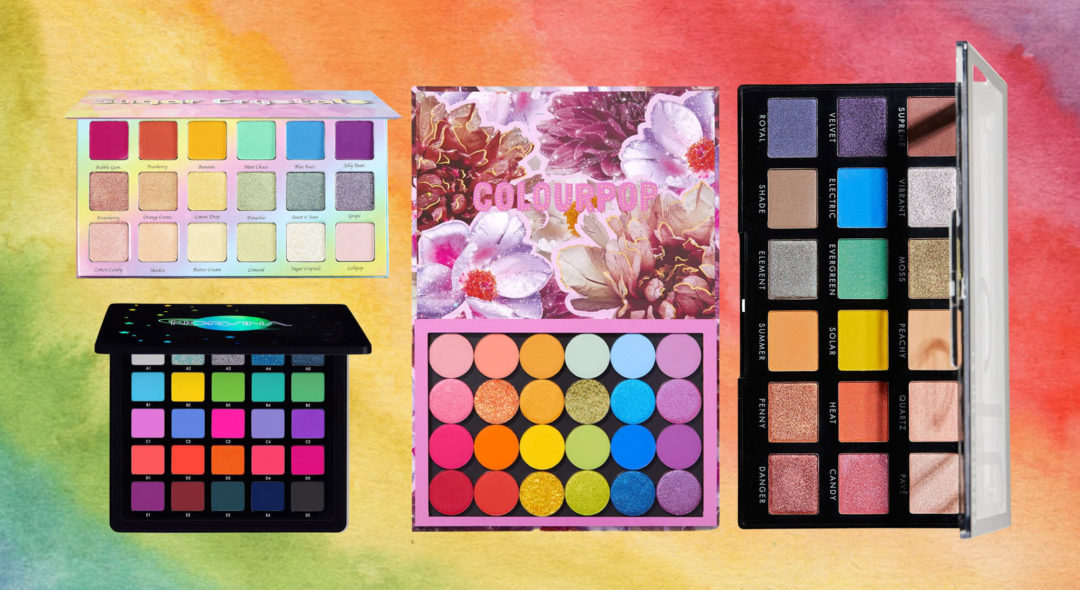 collage of eyeshadow palettes on rainbow background