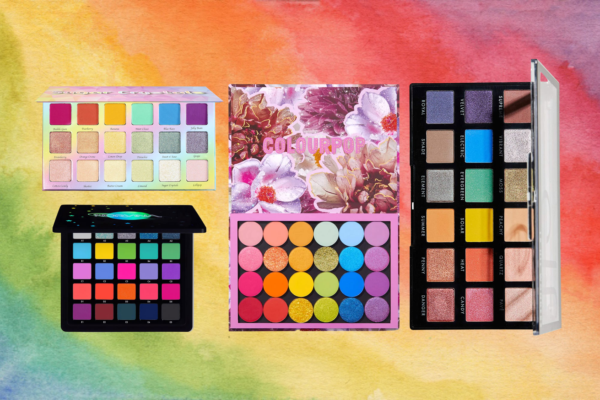 collage of eyeshadow palettes on rainbow background