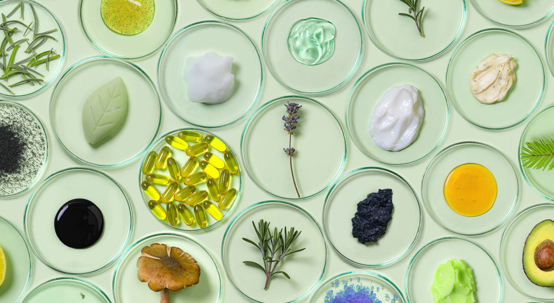 Organic, bio cosmetics healthy concept with Petri Dishes with natural plants and beauty products