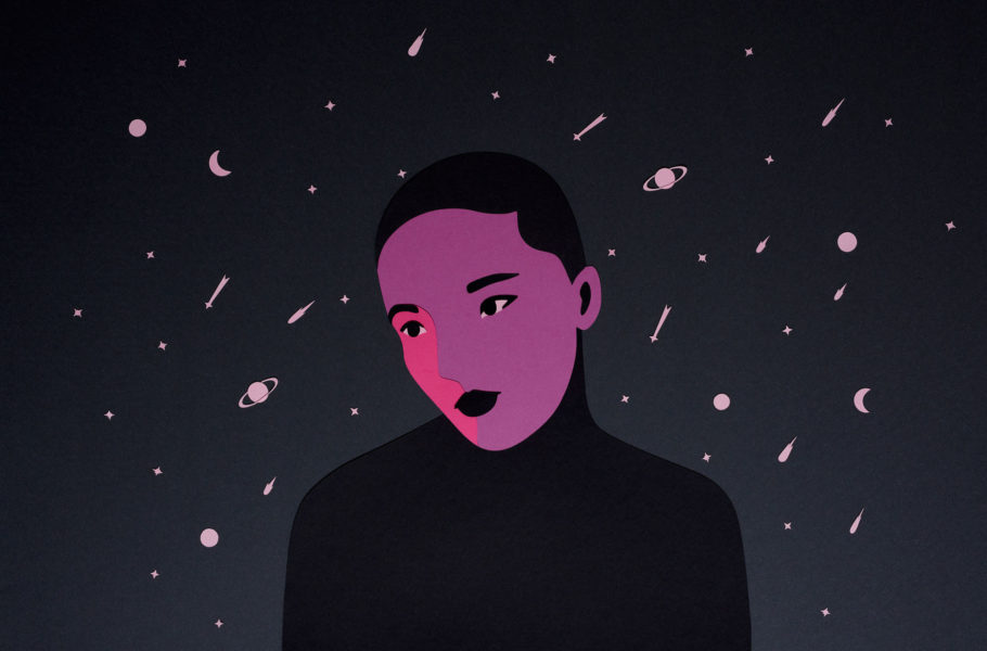 illustration of woman with planets in background
