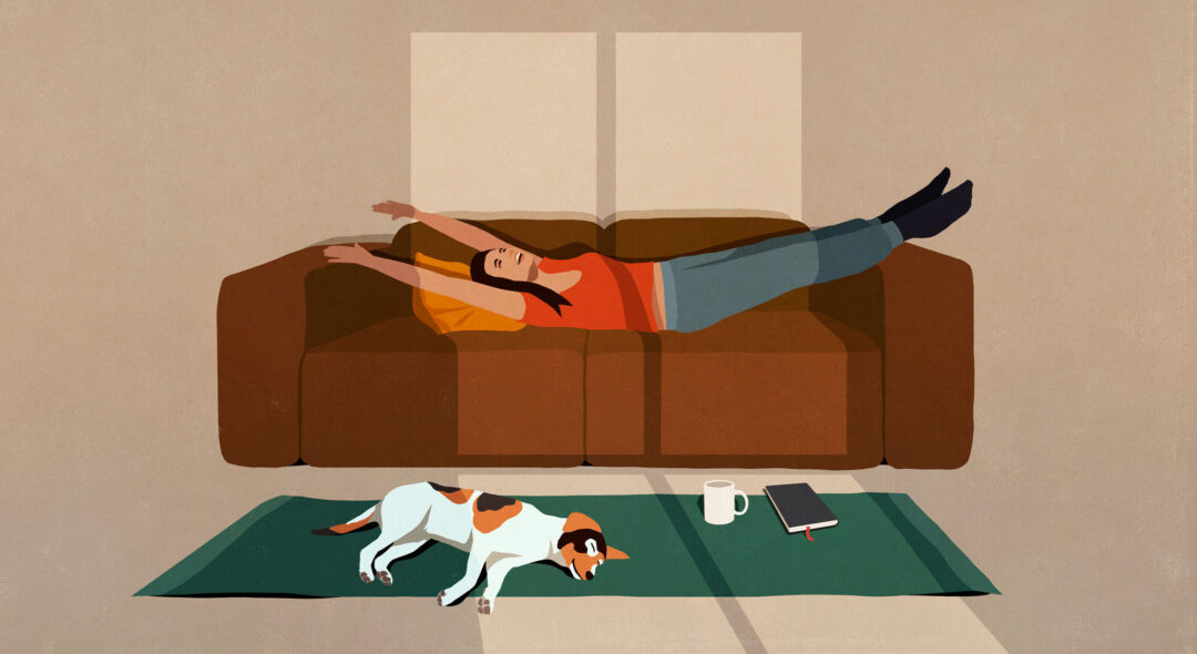 illustration of Carefree woman stretching on sofa in sunny living room
