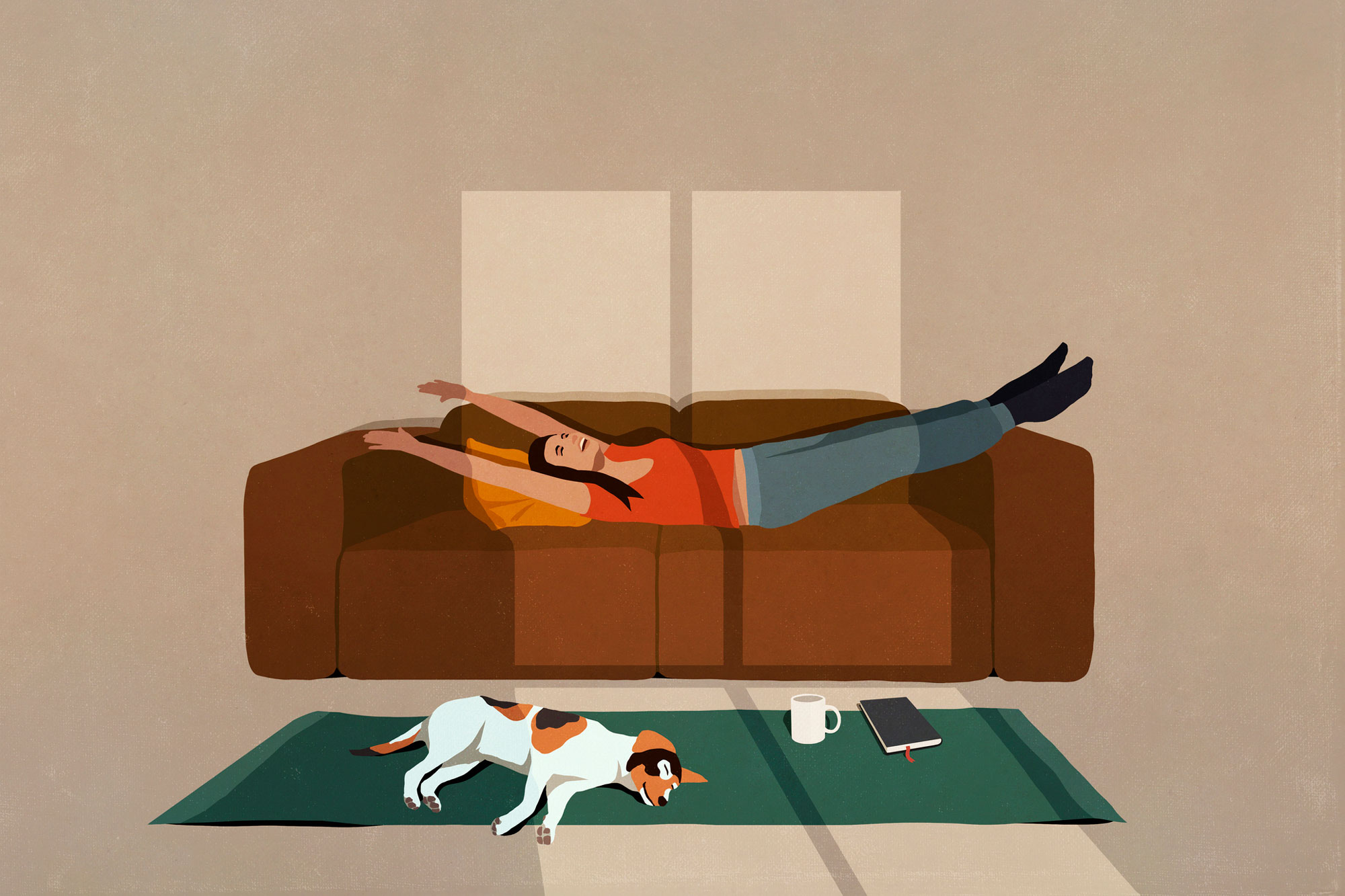 illustration of Carefree woman stretching on sofa in sunny living room