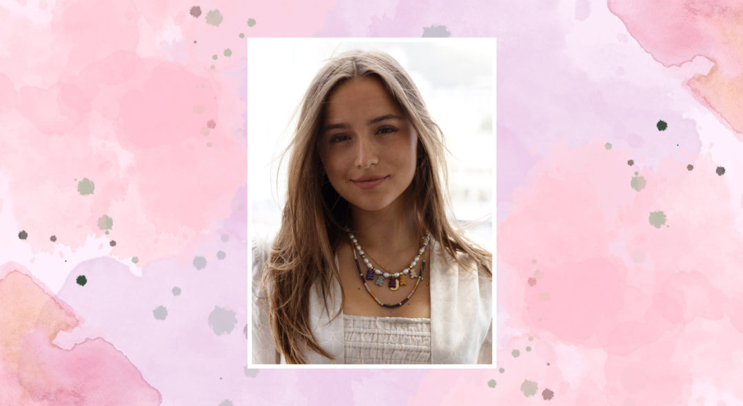 collage of Charlotte Sine portrait on pink watercolor background