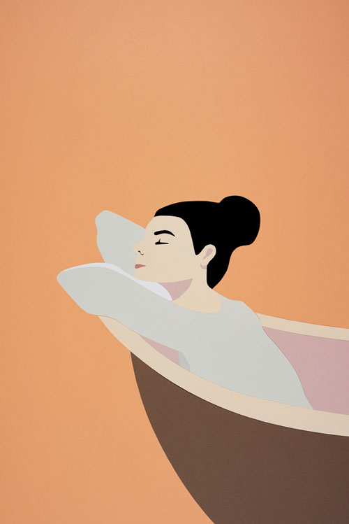 Illustration of woman leaning on bathtub