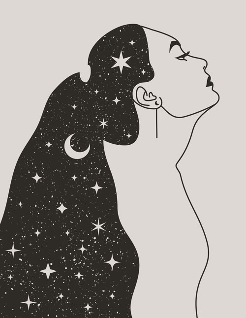 Illustration of Mystical Woman with the Moon and the Stars in Hair