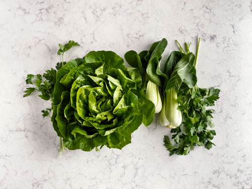 Boston lettuce, bok choy and parsley on white, marble background