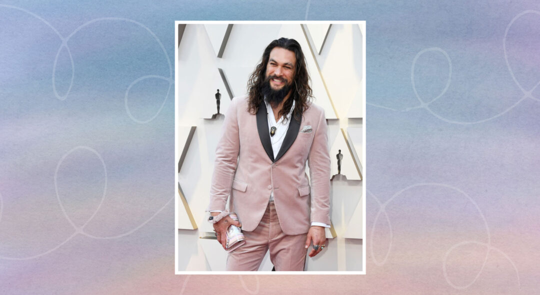 Collage of Jason Mamoa in Academy Awards red carpet on pink and blue texture background