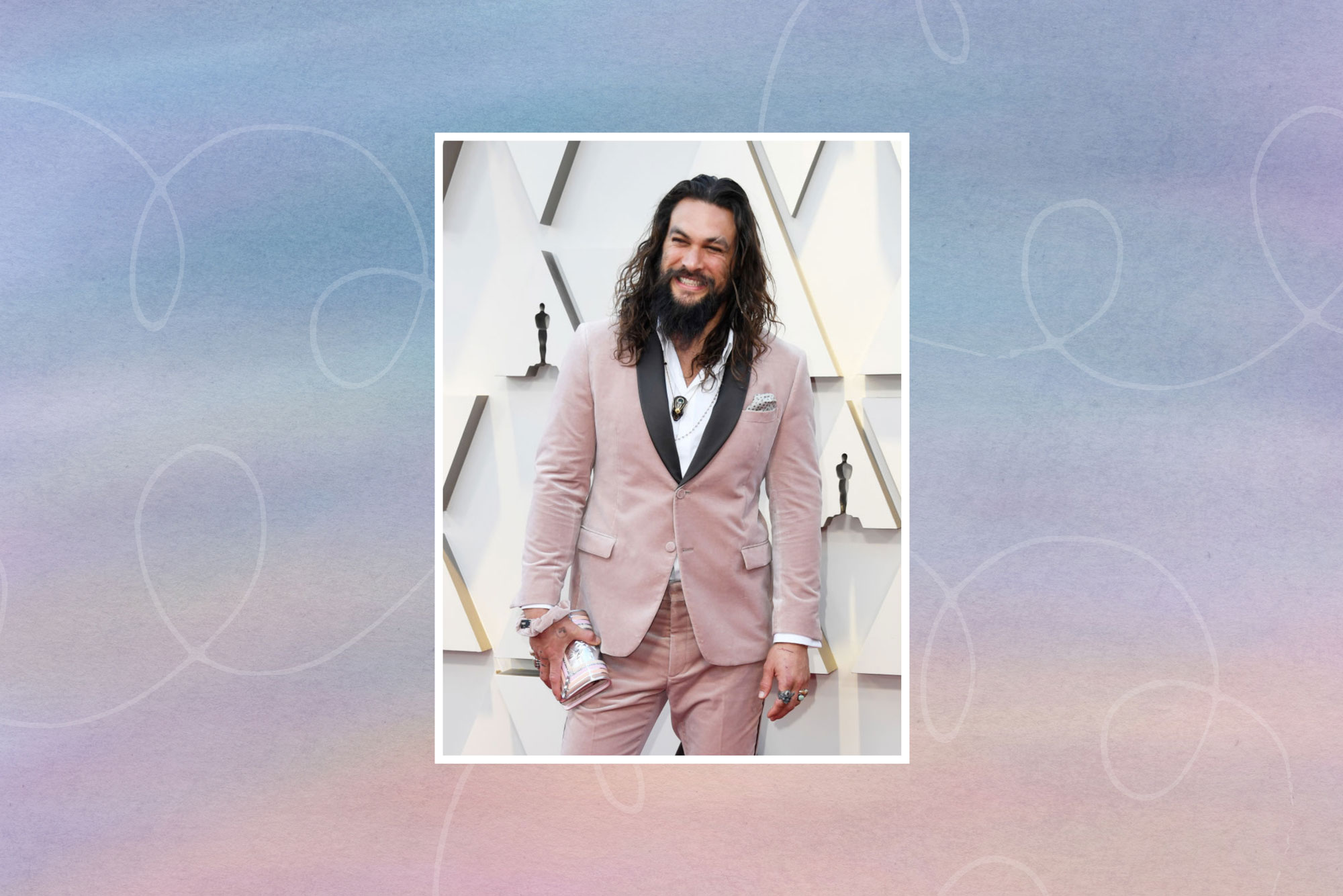Collage of Jason Mamoa in Academy Awards red carpet on pink and blue texture background