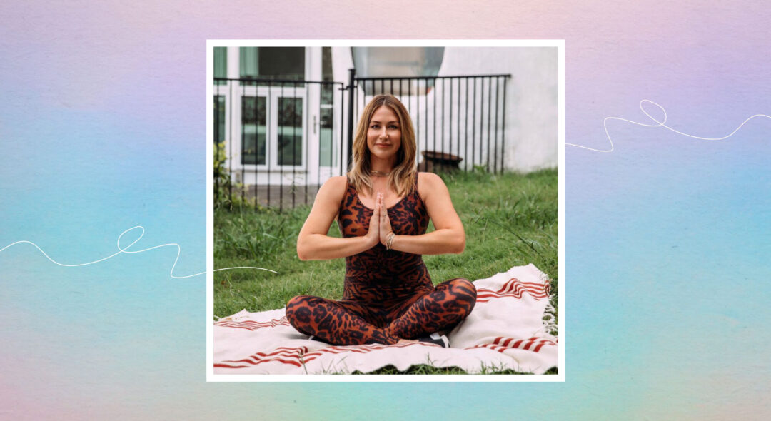 Portrait of Karena Dawn meditating on gradient background