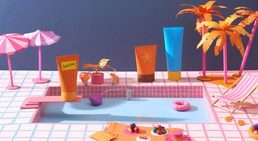 Collage of Cosmetic sunscreen products in mock up bottle with float element and pool background
