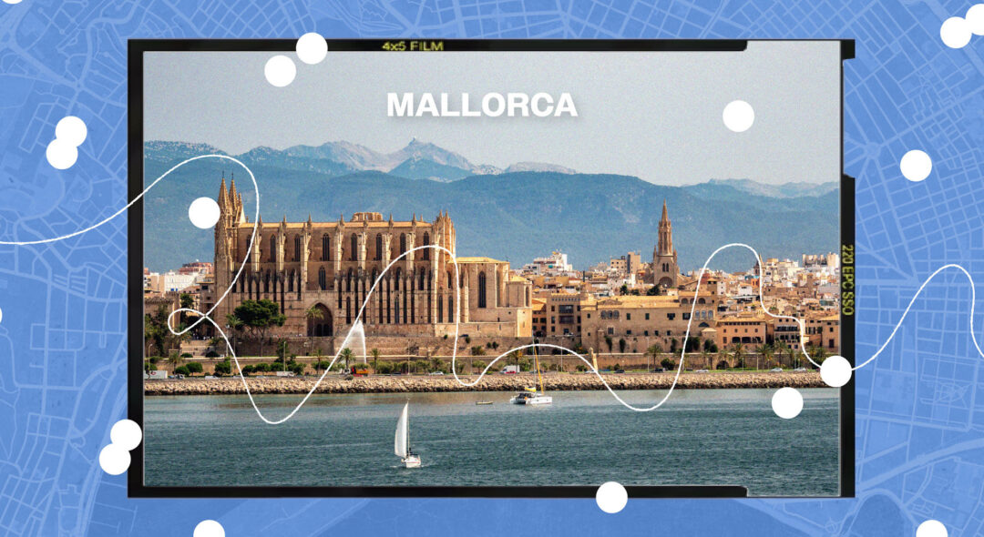 collage of Mallorca cityscape on blue background