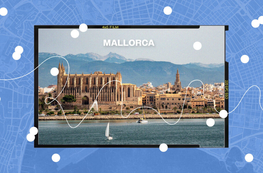 collage of Mallorca cityscape on blue background