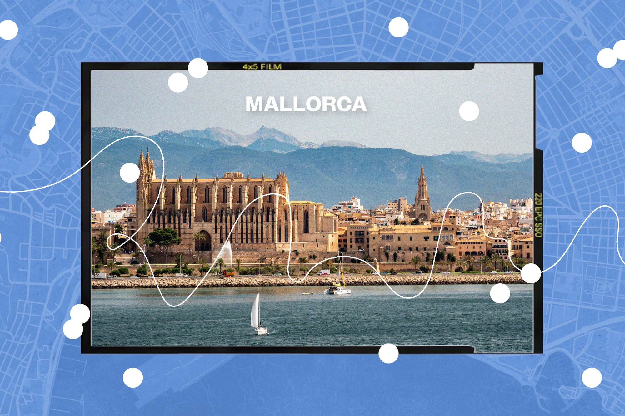 collage of Mallorca cityscape on blue background