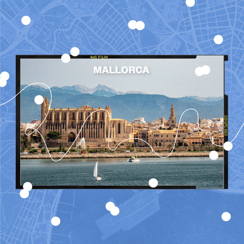 collage of Mallorca cityscape on blue background