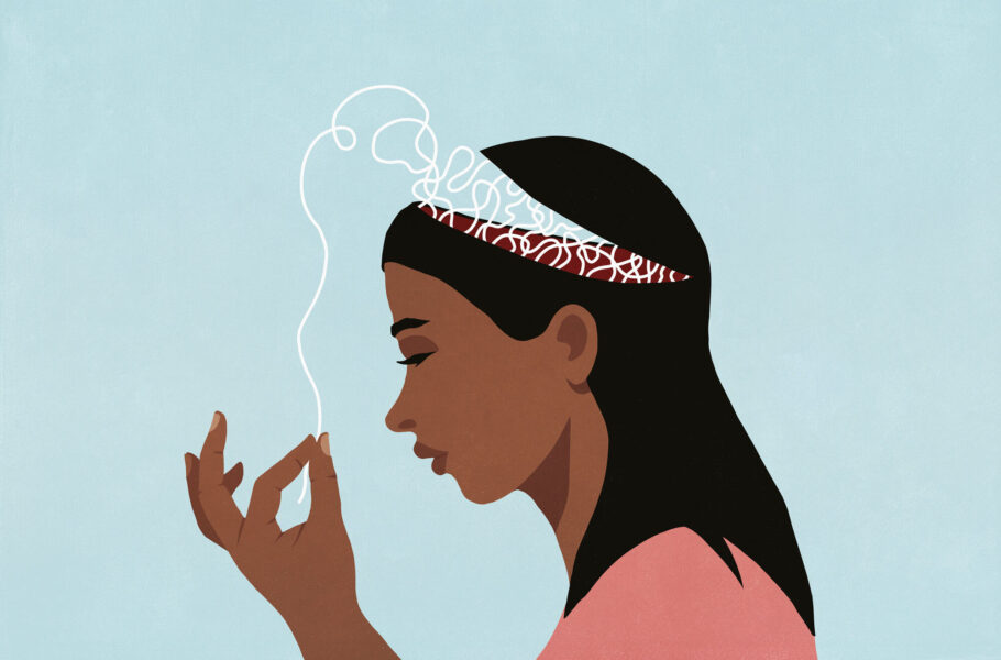 Illustration of profile woman with open head pulling at string