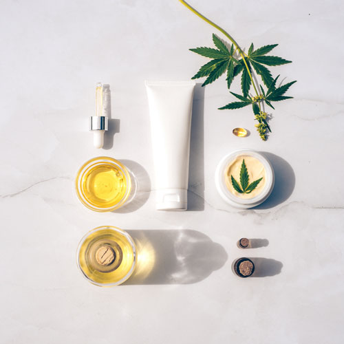 Cosmetics CBD oil. Cosmetic Products with cannabis Oil, tincture Flat lay