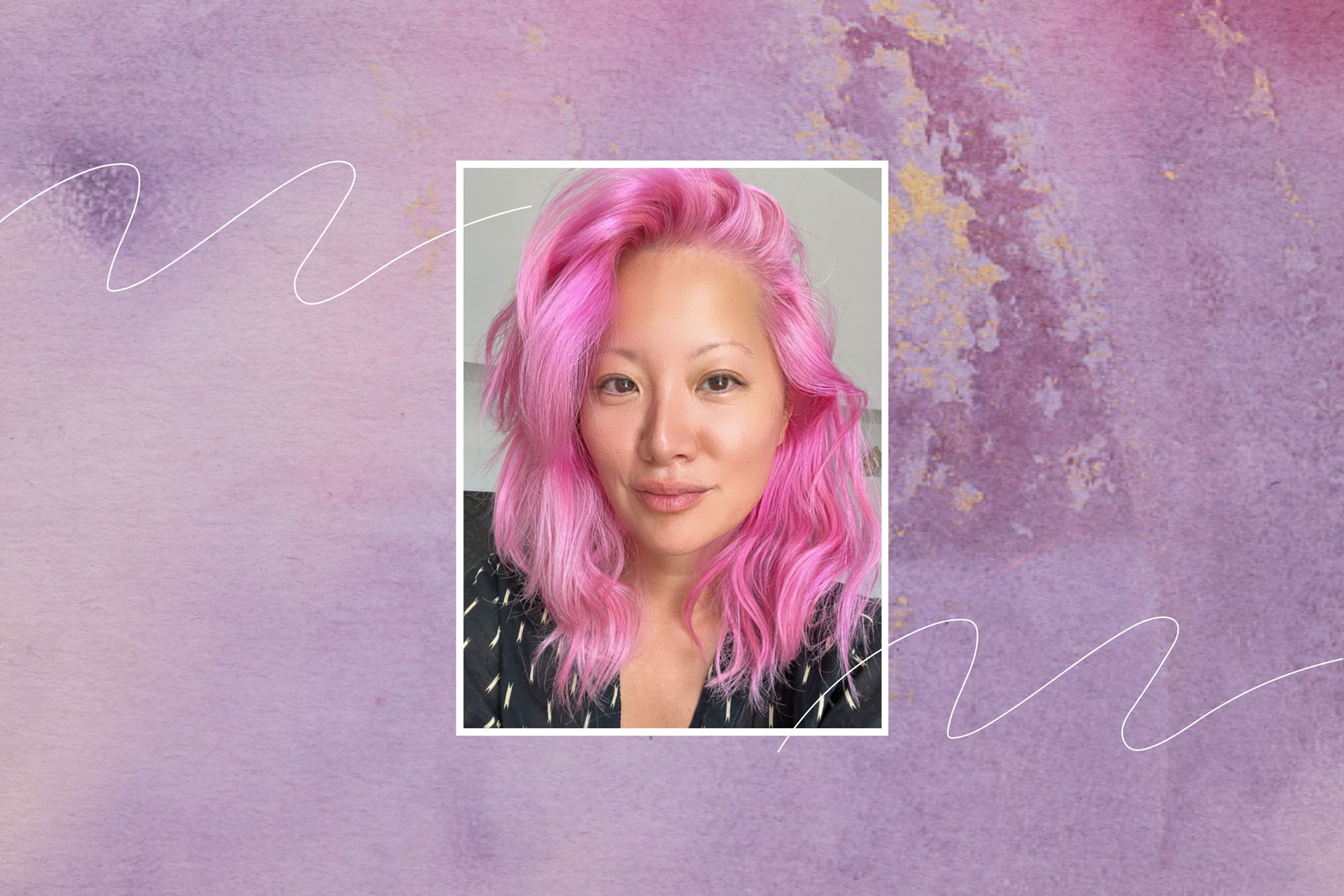Collage of portrait of Maggie Kim on purple watercolor background