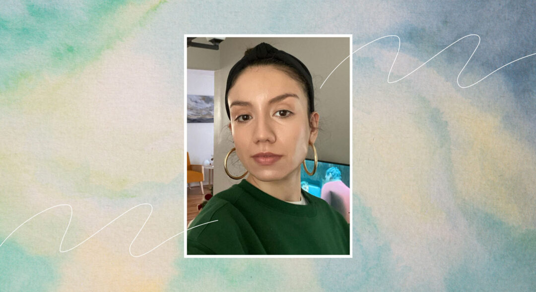 Collage of portrait of Grace Gavilanes on yellow and green watercolor background