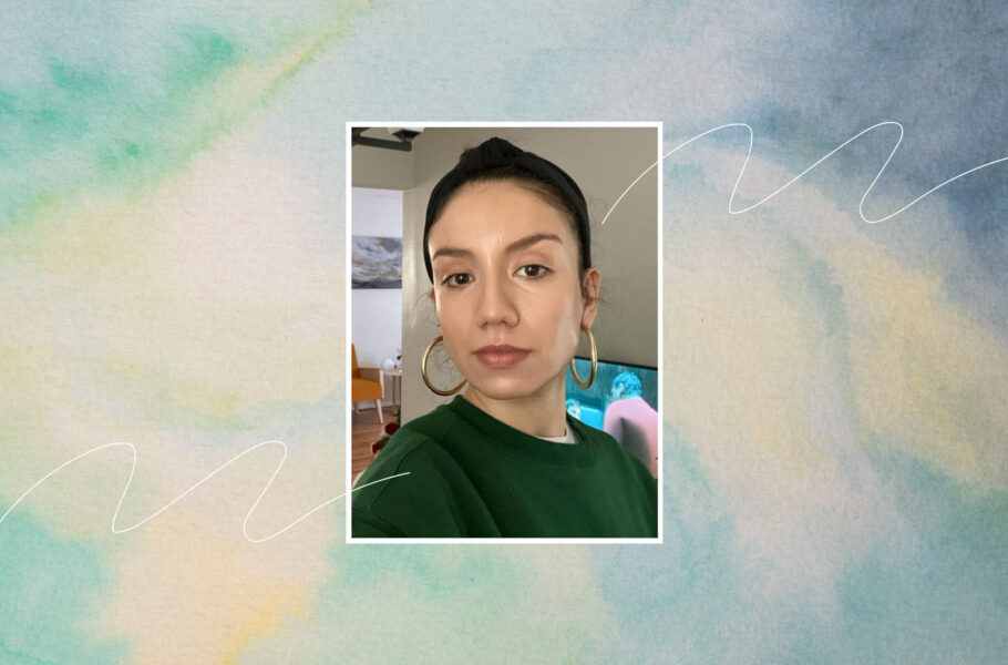Collage of portrait of Grace Gavilanes on yellow and green watercolor background
