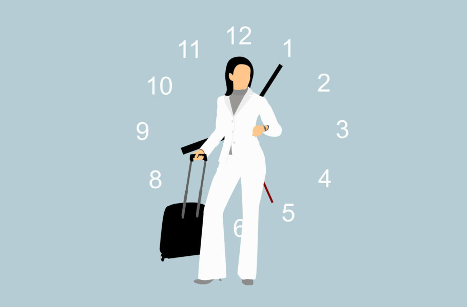 Illustration of a businesswoman standing with a suitcase in front of a clock