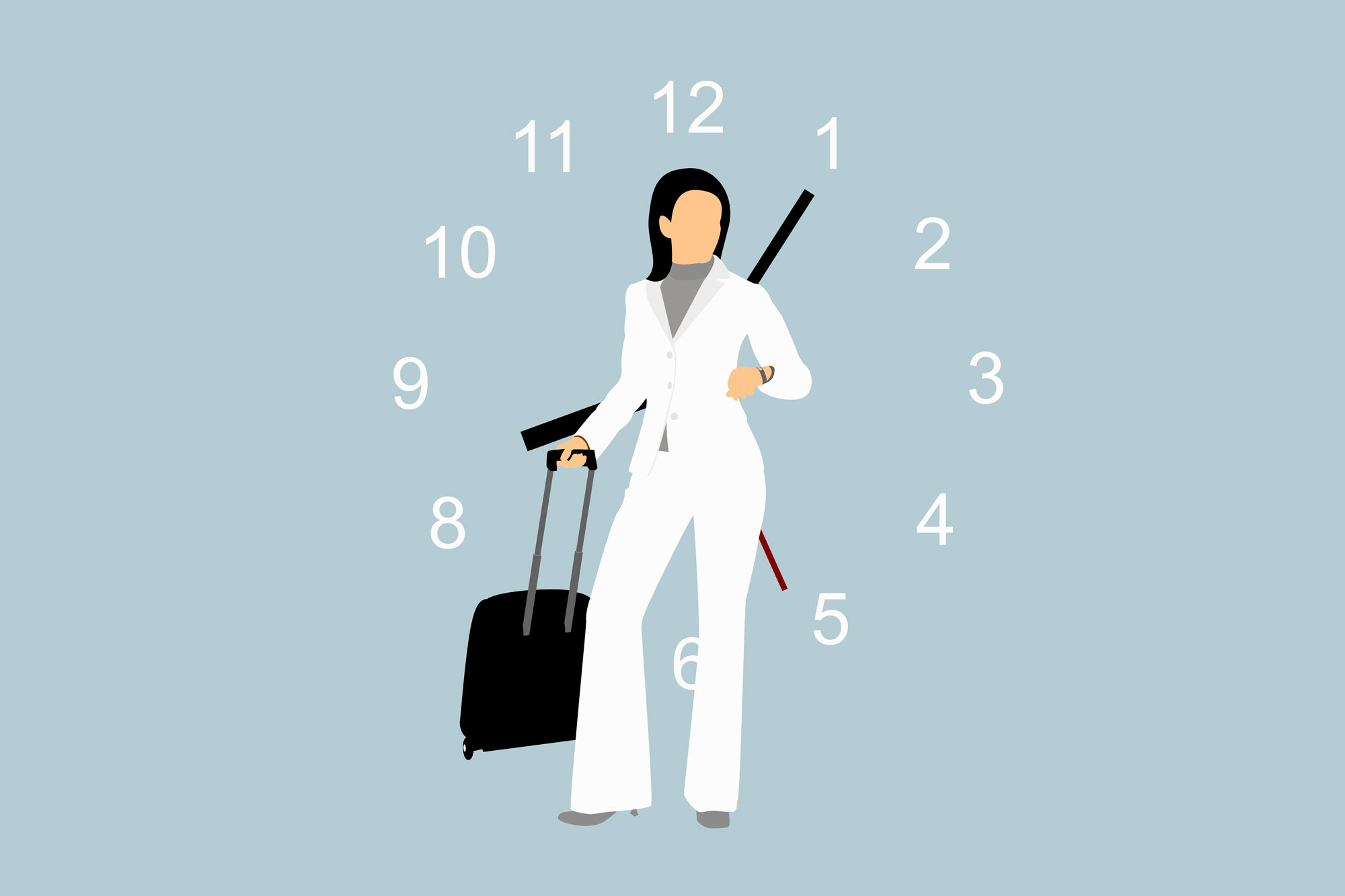 Illustration of a businesswoman standing with a suitcase in front of a clock