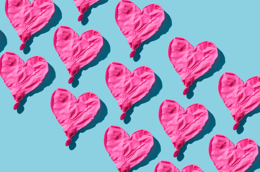 deflated hearts on blue background