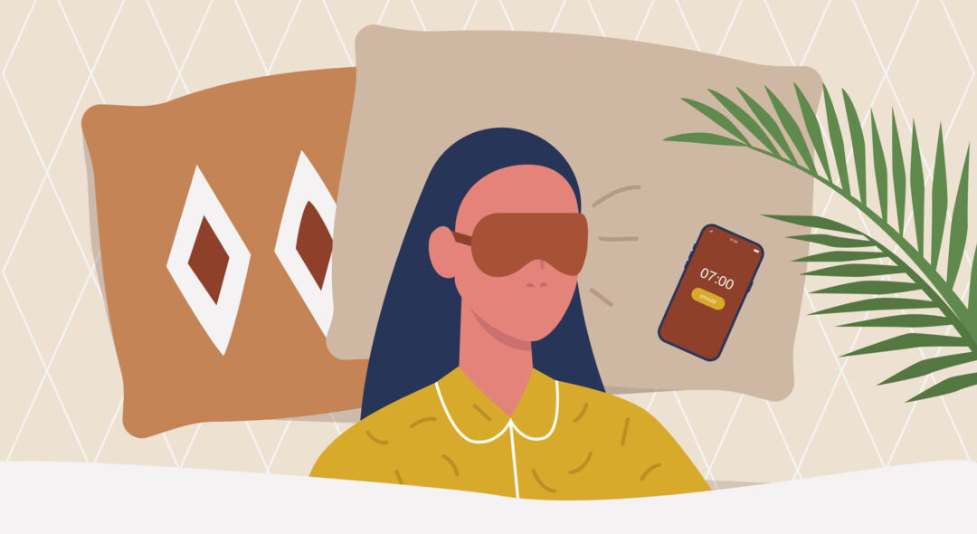 illustration of woman in bed with phone alarm