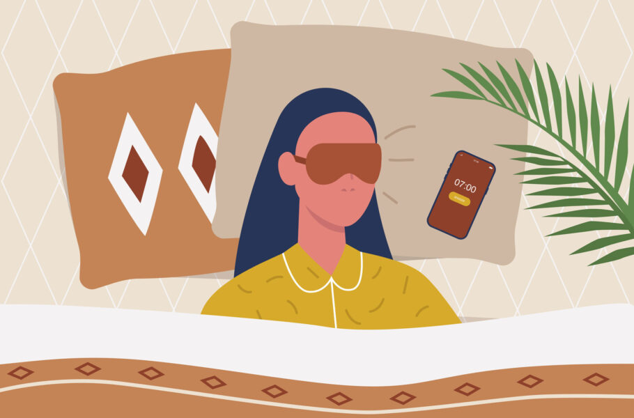 illustration of woman in bed with phone alarm