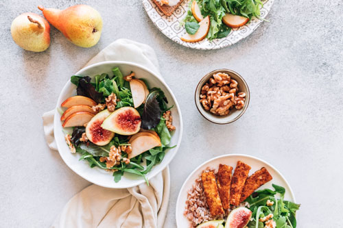overhead shot of plates with food