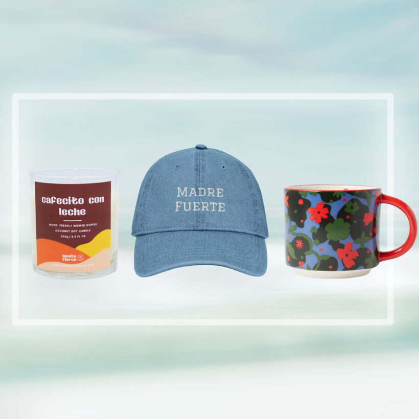 collage of candle, hat and mug over blue gradient background