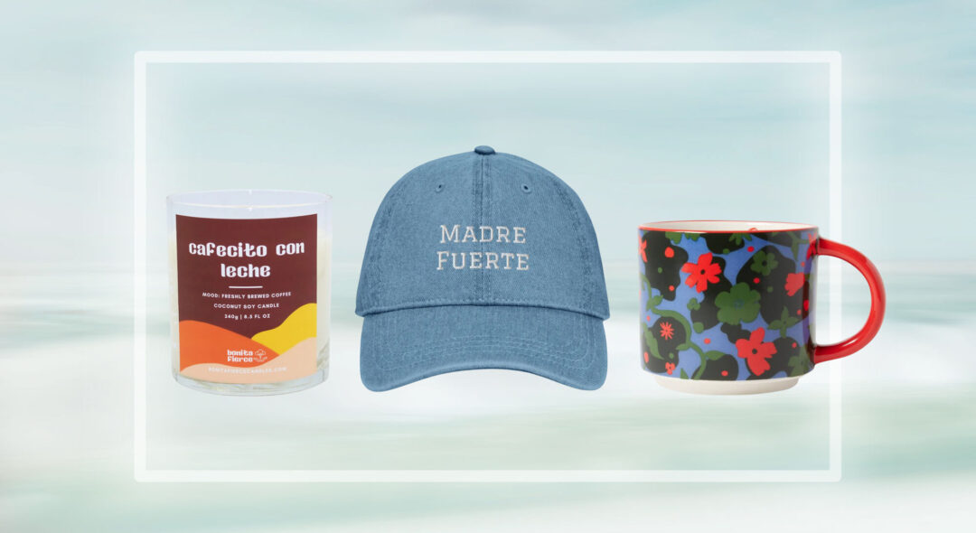 collage of candle, hat and mug over blue gradient background