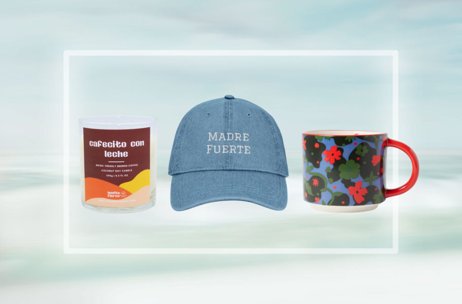 collage of candle, hat and mug over blue gradient background