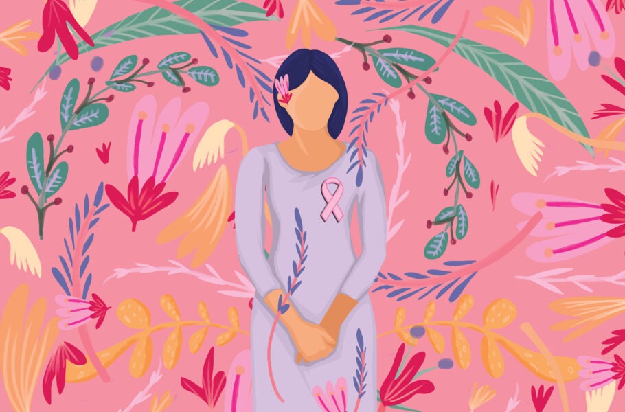 illustration of woman wearing pink breast cancer ribbon on floral background
