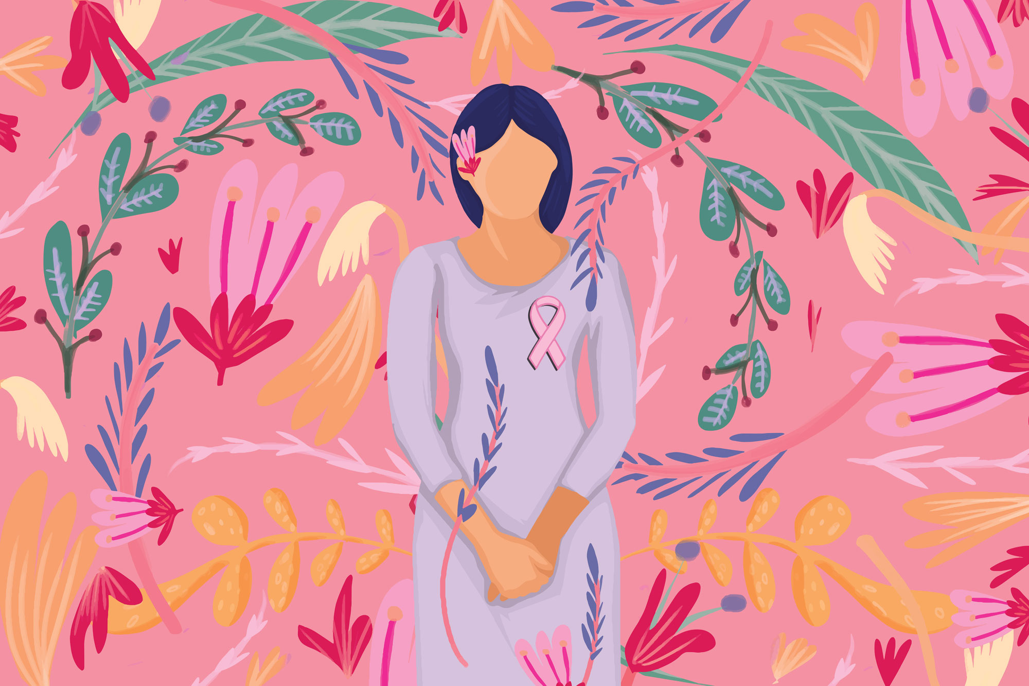 illustration of woman wearing pink breast cancer ribbon on floral background