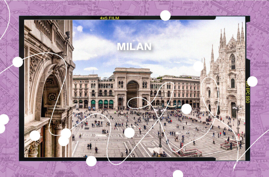 collage of Milan cityscape on purple background