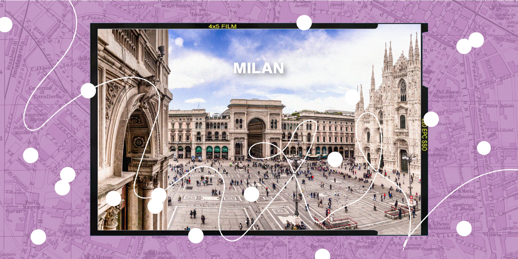 collage of Milan cityscape on purple background