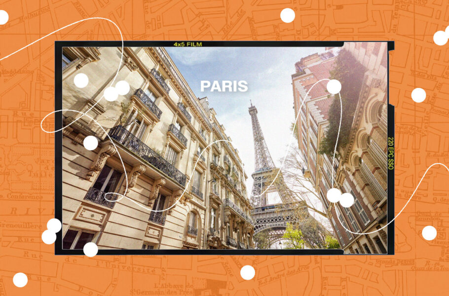 collage of Paris cityscape over orange map background